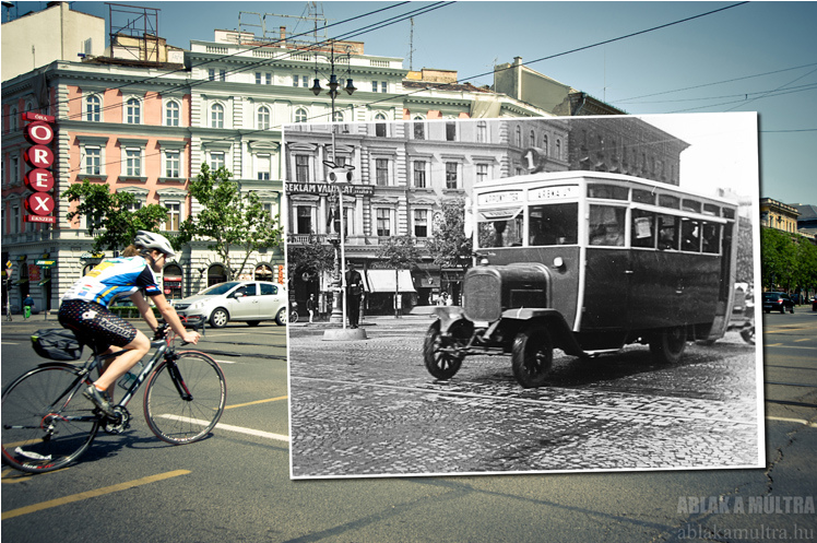 Budapest, VI. Oktogon, a busz a Városliget felől érkezik 1927 - 2013.png
