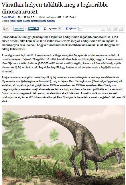 Dulai Alfréd: Váratlan helyen találták meg a legkorábbi dinoszauruszt (Origo)