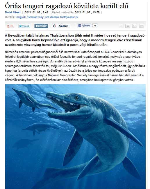 Dulai Alfréd: Óriás tengeri ragadozó kövülete került elő (Origo)