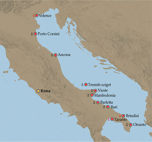 Az Olaszország keleti partvonalán megerősített kikötők vázlata