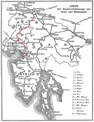 Ezen az 1910-es vasúthálózati térképen a tárgyalt vasútvonal pirossal van jelölve