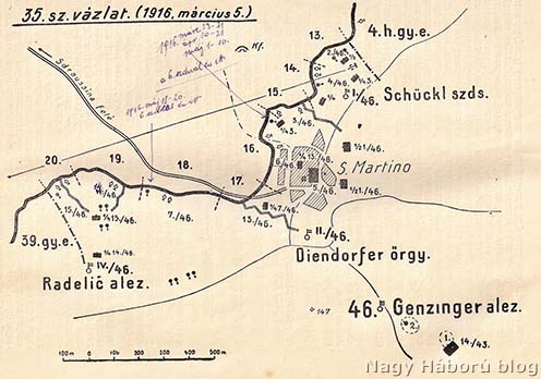 A szegedi 46-osok védelmi szakasza San Martino előterében 1916 tavaszán