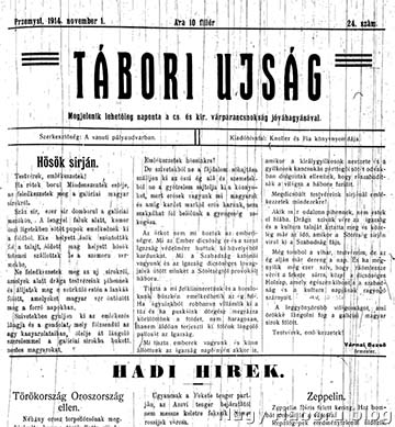 Az 1914. november 1-én megjelent Tábori Ujság címlapja
