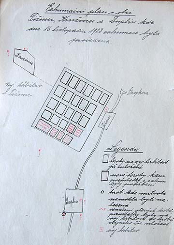 Az 1923-as exhumálási terv, pirossal jelölve a Tizsényben újonnan kialakított sírok