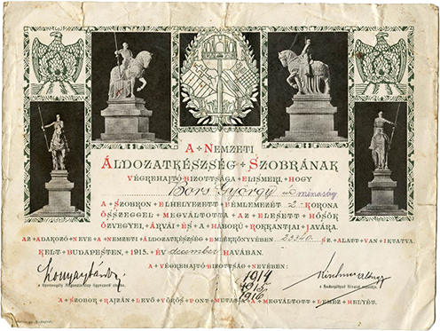 A csíkmenasági Bors György oklevele hozzájárulásáról a Nemzeti Áldozatkészség Szobrához, 1915