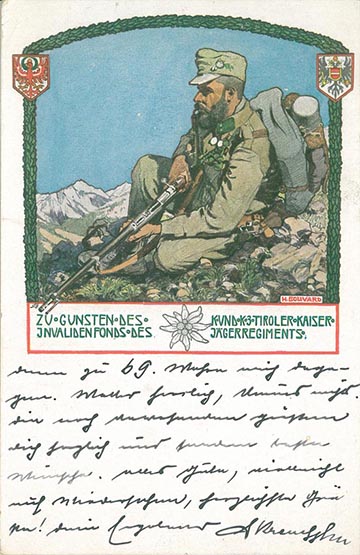 Hegyivadász és a bátorságot hirdető havasi gyopár a 3. tiroli vadászezred képeslapján