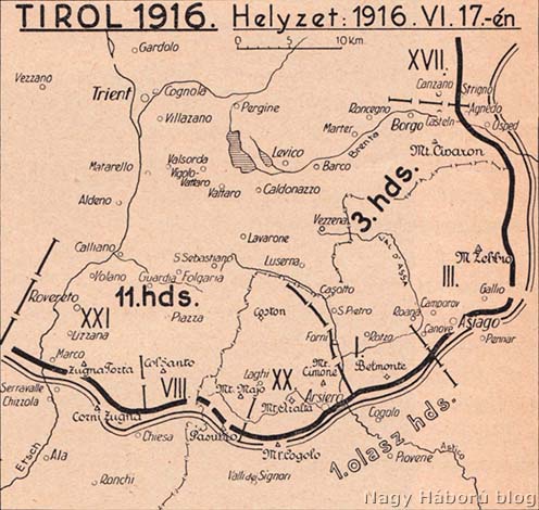 A front állása a Dél-Tirolban 1916. június 17-én
