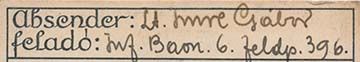 A cs. és kir. 6. hegyi dandár Imre Gábor által tervezett levelezőlapjának egy olyan példánya, amelyet 1917-ben ő maga adott fel