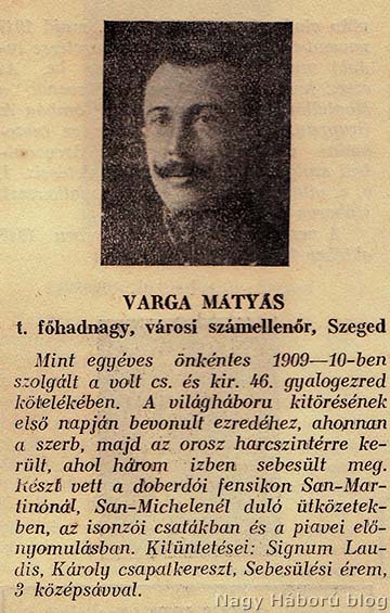 A naplóban említett Varga Mátyás hadnagy, a géppuskás osztag parancsnoka