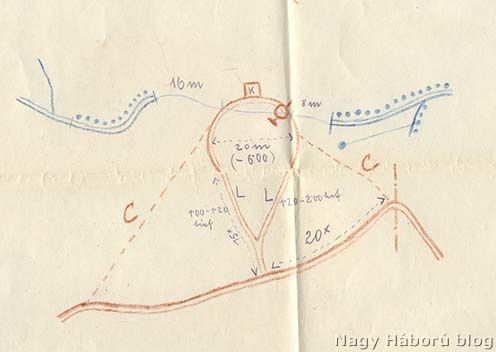 Heim Géza főhadnagy vázlata az aknatölcsérről és a saját állásba történő bekötéséről 1916. május 8-án reggel 6 órakor (Hadtörténeti Levéltár II. 488. Cs. és kir. 46. gyalogezred iratai, 3462. doboz)