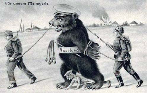 Az orosz medvét az osztrák-magyar és német katona vezeti menázsinak. Ahogy azt a propaganda elképzelte…