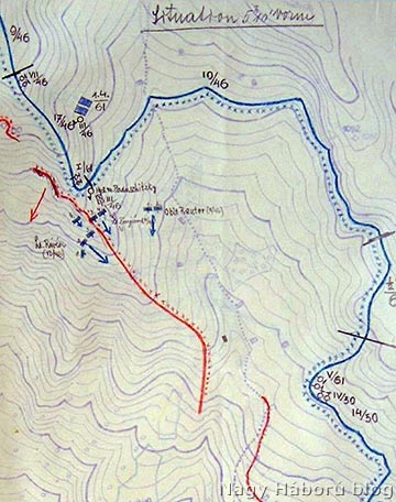 A visszaemlékezésben szóban forgó területen a szegedi 46/III. zászlóalj állásai (kékkel) és az olasz vonalak (pirossal) 1916. március 19-én reggel, a támadás megkezdése előtt