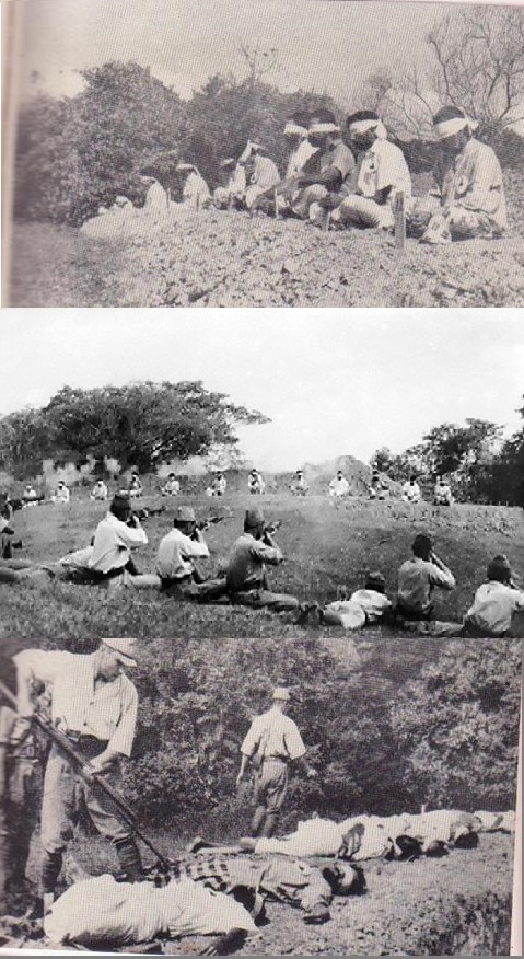 1942. Szingapúr bevétele után japán katonák indiai foglyokon gyakorolják a lövészetet. A túlélőket bajonettel halálra szúrkálták..jpg